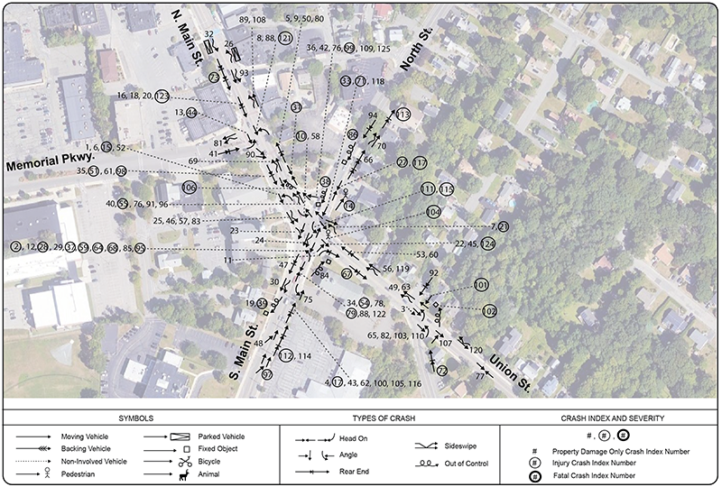Figure 2: Collision Diagram: Crawford Square in Randolph
This figure illustrates crashes between the years of 2015 and 2021 on an aerial image of the study area.
